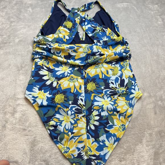 Adore Me‎ Monroe One Piece Swimsuit Womens 1X Blue Yellow Floral Plunging V-Neck - Picture 3 of 6